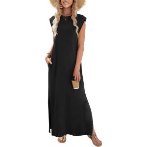 image:imageZeagoo Summer Dresses for Women 2026 Black Long Maxi Sundresses Loose Split WrinkleFree Beach Travel Vacation ClothesA01black