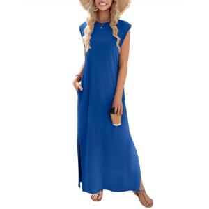image:imageZeagoo Summer Dresses for Women 2026 Black Long Maxi Sundresses Loose Split WrinkleFree Beach Travel Vacation ClothesNavy Blue