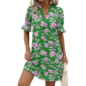 image:imageZeagoo Summer Dresses for Women 2026 V Neck Ruffle Sleeve Casual Shift Dress Hawaiian Sundress Beach Vacation ClothesA01green Floral