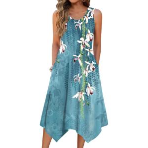 image:imageZeagoo Womens Casual Dress for Summer Tank Dress Loose Flowy Beach Dress with Pockets Hankerchief Flare Midi Sundress 202601 Blue