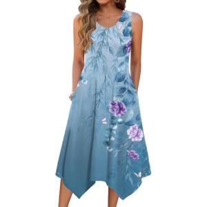 image:imageZeagoo Womens Casual Dress for Summer Tank Dress Loose Flowy Beach Dress with Pockets Hankerchief Flare Midi Sundress 202603 Blue