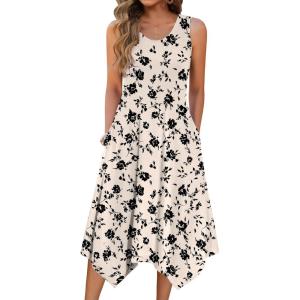 image:imageZeagoo Womens Casual Dress for Summer Tank Dress Loose Flowy Beach Dress with Pockets Hankerchief Flare Midi Sundress 2026Beige Sf239