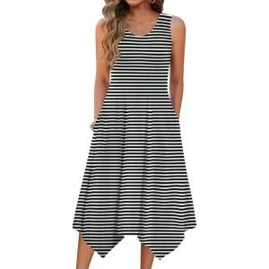 image:imageZeagoo Womens Casual Dress for Summer Tank Dress Loose Flowy Beach Dress with Pockets Hankerchief Flare Midi Sundress 2026Stripe Print