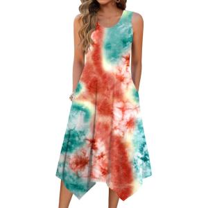image:imageZeagoo Womens Casual Dress for Summer Tank Dress Loose Flowy Beach Dress with Pockets Hankerchief Flare Midi Sundress 2026Tie Dye