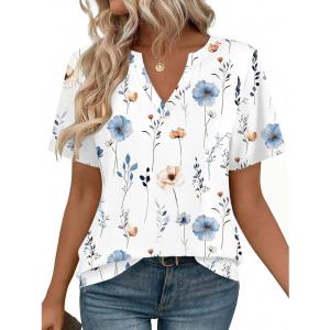 image:imageZeagoo Womens Tops Short Sleeve V Neck Tee Shirts Cute Dressy Casual Clothing Business Work BlouseAwhite Flowers Bf290