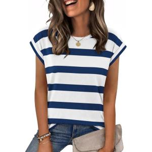 image:imageZeagoo Womens Tops Summer Casual Cap Sleeve Tshirts Shirts Business Dressy Spring Fashion Outfits Trendy ClothesBlue White Striped