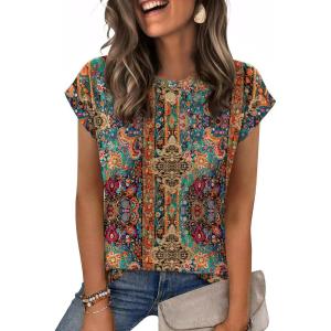 image:imageZeagoo Womens Tops Summer Casual Cap Sleeve Tshirts Shirts Business Dressy Spring Fashion Outfits Trendy ClothesBrown Boho Print