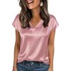 image:imageZeagoo Women Silk Satin Tops Cap Short Sleeve Blouse V Neck Shirts Business Casual Outfits S2XLPink