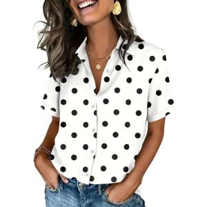 image:imageZeagoo Button Down Shirts for Women Short Sleeve Collared Tops Dressy Casual V Neck BlousesJh592 Polka Dots