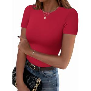 image:imageZeagoo Women Crewneck Slim Fitted Short Sleeve T Shirts Cute Stretchy Bodycon Basic Tee TopsRed