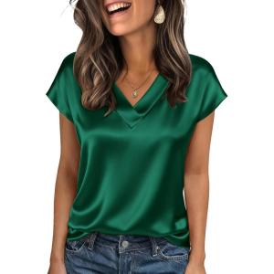 image:imageZeagoo Women Silk Satin Tops Cap Short Sleeve Blouse V Neck Shirts Business Casual Outfits S2XLGreen