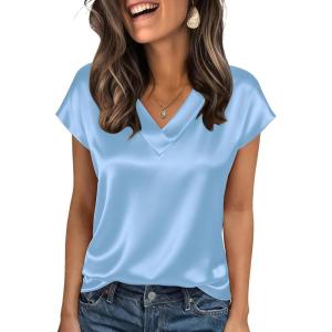 image:imageZeagoo Women Silk Satin Tops Cap Short Sleeve Blouse V Neck Shirts Business Casual Outfits S2XLLight Blue