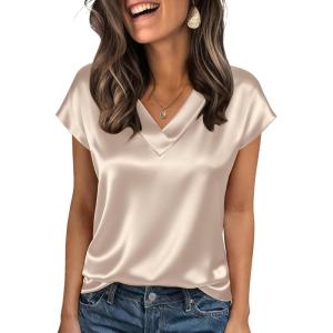 image:imageZeagoo Women Silk Satin Tops Cap Short Sleeve Blouse V Neck Shirts Business Casual Outfits S2XLLight Grey