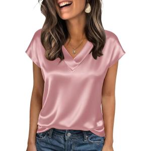 image:imageZeagoo Women Silk Satin Tops Cap Short Sleeve Blouse V Neck Shirts Business Casual Outfits S2XLPink
