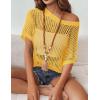 image:imageZeagoo Short Sleeve Crochet Sweater Lightweight Summer Tops Loose Hollow Out Crewneck PulloverYellow
