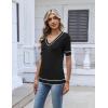 image:imageZeagoo Womens Short Sleeve Sweater 2026 Summer V Neck Lightweight Sweater Tops Dressy Ribbed Knit Outfits with ButtonsBlackwhite