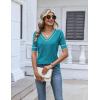 image:imageZeagoo Womens Short Sleeve Sweater 2026 Summer V Neck Lightweight Sweater Tops Dressy Ribbed Knit Outfits with ButtonsBlue Greenwhite