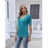 image:imageZeagoo Womens Short Sleeve Sweater 2026 Summer V Neck Lightweight Sweater Tops Dressy Ribbed Knit Outfits with ButtonsBlue Greenwhite