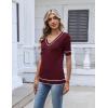 image:imageZeagoo Womens Short Sleeve Sweater 2026 Summer V Neck Lightweight Sweater Tops Dressy Ribbed Knit Outfits with ButtonsWine Redwhite