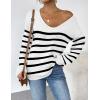 image:imageZeagoo Womens Sweaters Fall Trendy Casual Long Sleeve Shirt Lightweight V Neck Off Shoulder Crochet Pullover Top OutfitWhite Stripe
