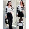 image:imageZeagoo Womens Sweaters Fall Trendy Casual Long Sleeve Shirt Lightweight V Neck Off Shoulder Crochet Pullover Top OutfitWhite Stripe