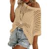 image:imageZeagoo Short Sleeve Crochet Sweater Lightweight Summer Tops Loose Hollow Out Crewneck PulloverAlight Khaki
