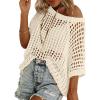 image:imageZeagoo Short Sleeve Crochet Sweater Lightweight Summer Tops Loose Hollow Out Crewneck PulloverBeige