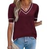 image:imageZeagoo Womens Short Sleeve Sweater 2026 Summer V Neck Lightweight Sweater Tops Dressy Ribbed Knit Outfits with ButtonsWine Redwhite