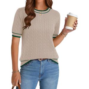 image:imageZeagoo Cable Short Sleeve Sweaters for Women Summer Spring Cute Tops 2026 Trendy Business Causal Outfits Work Blouses ClothesApricot Green Stripe