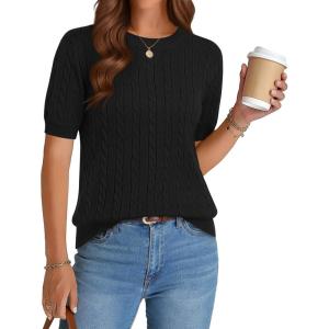 image:imageZeagoo Cable Short Sleeve Sweaters for Women Summer Spring Cute Tops 2026 Trendy Business Causal Outfits Work Blouses ClothesBlack