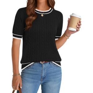 image:imageZeagoo Cable Short Sleeve Sweaters for Women Summer Spring Cute Tops 2026 Trendy Business Causal Outfits Work Blouses ClothesBlack White Stripe