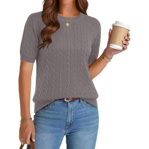 image:imageZeagoo Cable Short Sleeve Sweaters for Women Summer Spring Cute Tops 2026 Trendy Business Causal Outfits Work Blouses ClothesCoffee