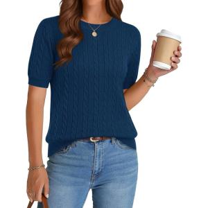 image:imageZeagoo Cable Short Sleeve Sweaters for Women Summer Spring Cute Tops 2026 Trendy Business Causal Outfits Work Blouses ClothesDark Blue
