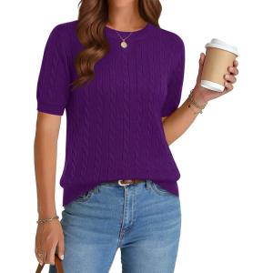 image:imageZeagoo Cable Short Sleeve Sweaters for Women Summer Spring Cute Tops 2026 Trendy Business Causal Outfits Work Blouses ClothesDark Purple
