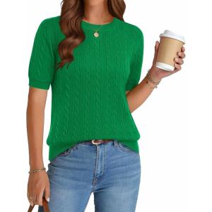 image:imageZeagoo Cable Short Sleeve Sweaters for Women Summer Spring Cute Tops 2026 Trendy Business Causal Outfits Work Blouses ClothesGreen