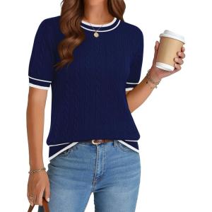 image:imageZeagoo Cable Short Sleeve Sweaters for Women Summer Spring Cute Tops 2026 Trendy Business Causal Outfits Work Blouses ClothesNavy Blue White Stripe