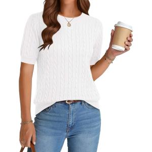 image:imageZeagoo Cable Short Sleeve Sweaters for Women Summer Spring Cute Tops 2026 Trendy Business Causal Outfits Work Blouses ClothesWhite
