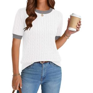 image:imageZeagoo Cable Short Sleeve Sweaters for Women Summer Spring Cute Tops 2026 Trendy Business Causal Outfits Work Blouses ClothesWhite Color Block
