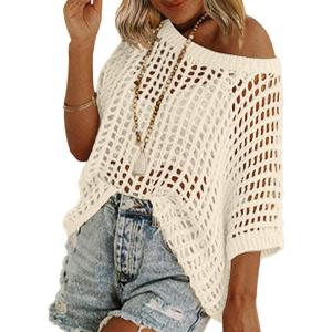 image:imageZeagoo Short Sleeve Crochet Sweater Lightweight Summer Tops Loose Hollow Out Crewneck PulloverBeige