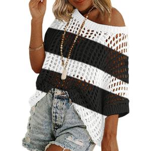 image:imageZeagoo Short Sleeve Crochet Sweater Lightweight Summer Tops Loose Hollow Out Crewneck PulloverBlack White Stripes