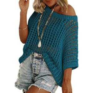 image:imageZeagoo Short Sleeve Crochet Sweater Lightweight Summer Tops Loose Hollow Out Crewneck PulloverLake Blue