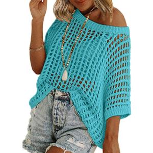 image:imageZeagoo Short Sleeve Crochet Sweater Lightweight Summer Tops Loose Hollow Out Crewneck PulloverPeacock Blue