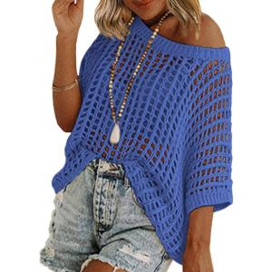 image:imageZeagoo Short Sleeve Crochet Sweater Lightweight Summer Tops Loose Hollow Out Crewneck PulloverSky Blue