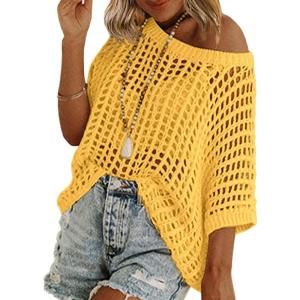 image:imageZeagoo Short Sleeve Crochet Sweater Lightweight Summer Tops Loose Hollow Out Crewneck PulloverYellow