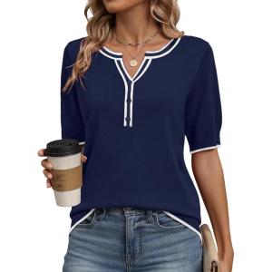 image:imageZeagoo Womens Short Sleeve Sweater 2026 Spring Summer Tops Lightweight Casual V Neck Sweaters Dressy Work Blouses ClothesNavy Blue