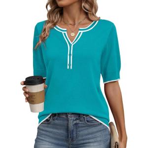 image:imageZeagoo Womens Short Sleeve Sweater 2026 Spring Summer Tops Lightweight Casual V Neck Sweaters Dressy Work Blouses ClothesPeacock Blue