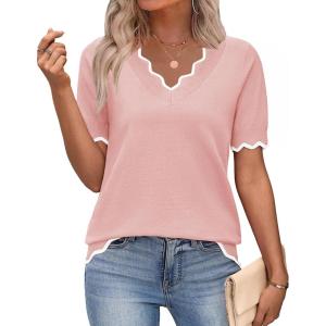 image:imageZeagoo Womens Short Sleeve Sweater 2026 Spring Summer V Neck Lightweight Tops Dressy Blouses Business Casual OutfitsPink