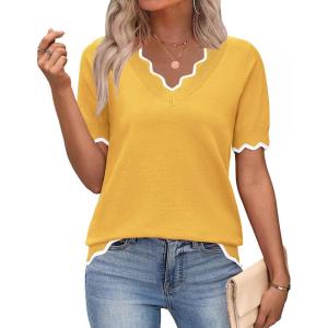 image:imageZeagoo Womens Short Sleeve Sweater 2026 Spring Summer V Neck Lightweight Tops Dressy Blouses Business Casual OutfitsYellow