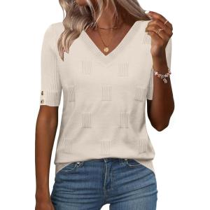 image:imageZeagoo Womens Short Sleeve Sweater 2026 Summer V Neck Lightweight Sweater Tops Dressy Ribbed Knit Outfits with ButtonsBeige