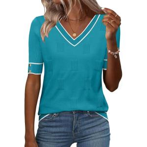 image:imageZeagoo Womens Short Sleeve Sweater 2026 Summer V Neck Lightweight Sweater Tops Dressy Ribbed Knit Outfits with ButtonsBlue Greenwhite